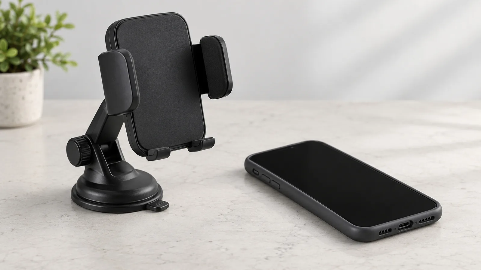 Obecný držák telefonu ve stylu svorky na neutrálním stole pro kontrolu vzorků vedle neznačkového telefonu v pouzdře