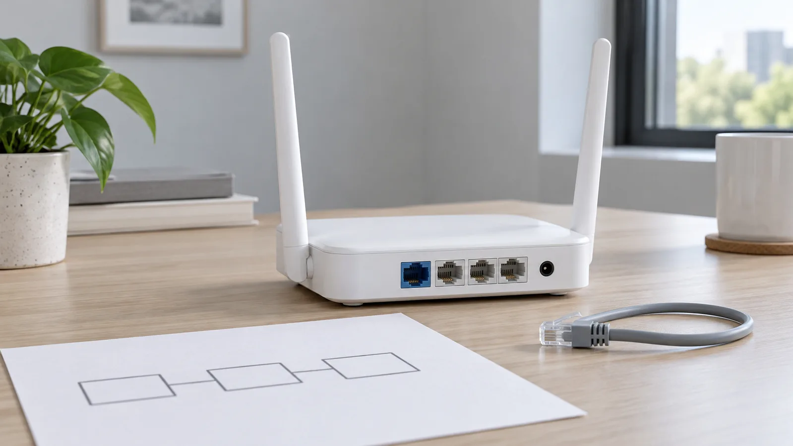 Neznačkový bílý stolní Wi-Fi router s viditelnými zadními ethernetovými porty vedle jednoduchého síťového náčrtu
