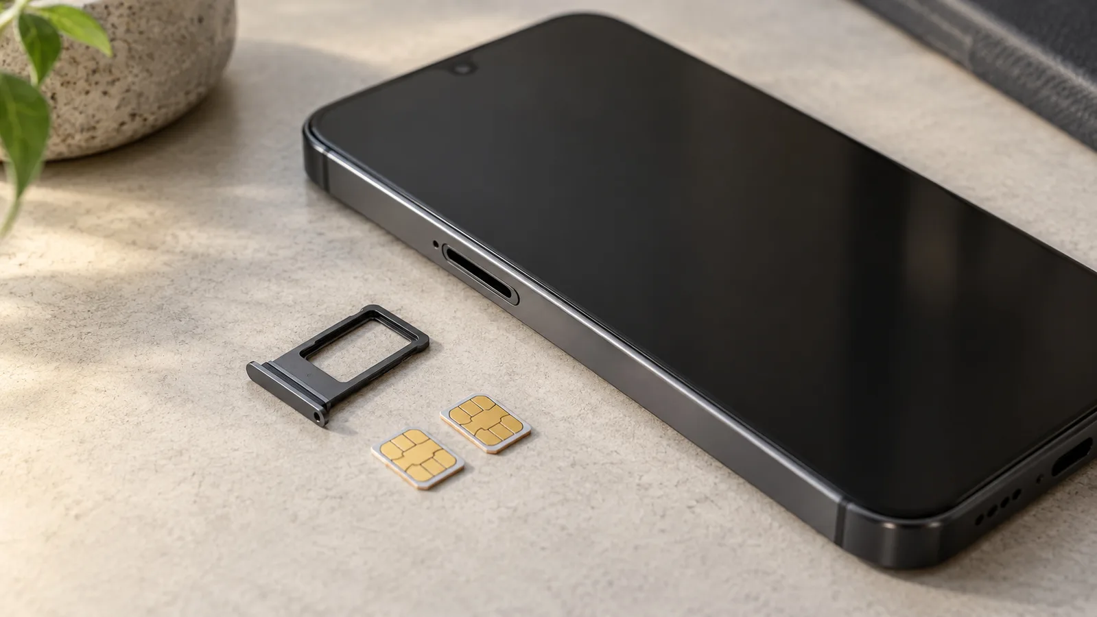 Neznačkový smartphone vedle samostatného zásobníku SIM a dvou SIM karet, což ilustruje podporu fyzických karet