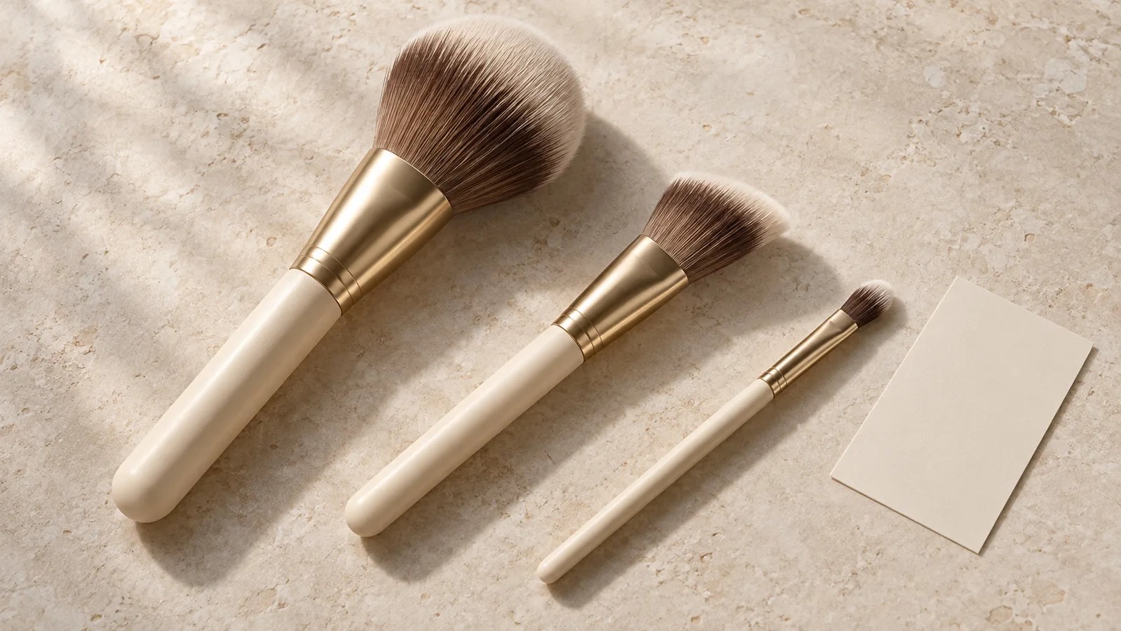 Tři neznačkové štětce na make-up s krémovou rukojetí a zlatými kroužky na světlém studiovém povrchu
